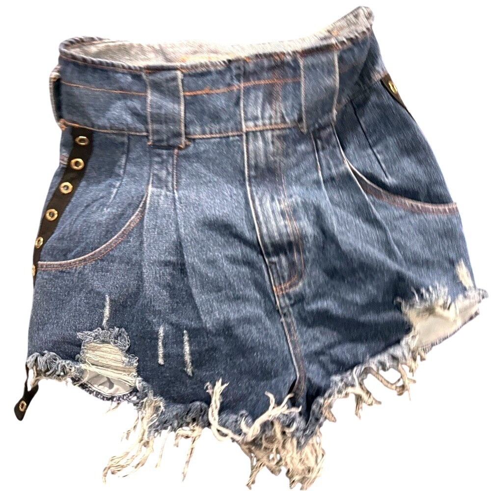 NUDE High Waisted Distressed Denim Shorts Blue Grommet Frayed‎ Hem Womens Small